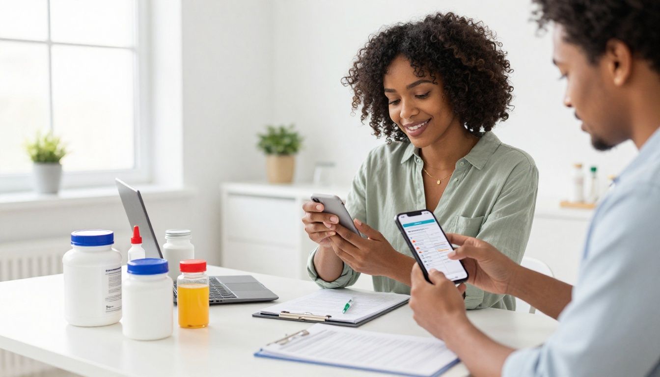 Bright modern health-tech scene showing a diverse adult organizing a prescribed injection schedule on a smartphone beside neatly arranged medical supplies, supplement containers, lab notes, and fitness recovery items; realistic, clean, professional, no text or logos