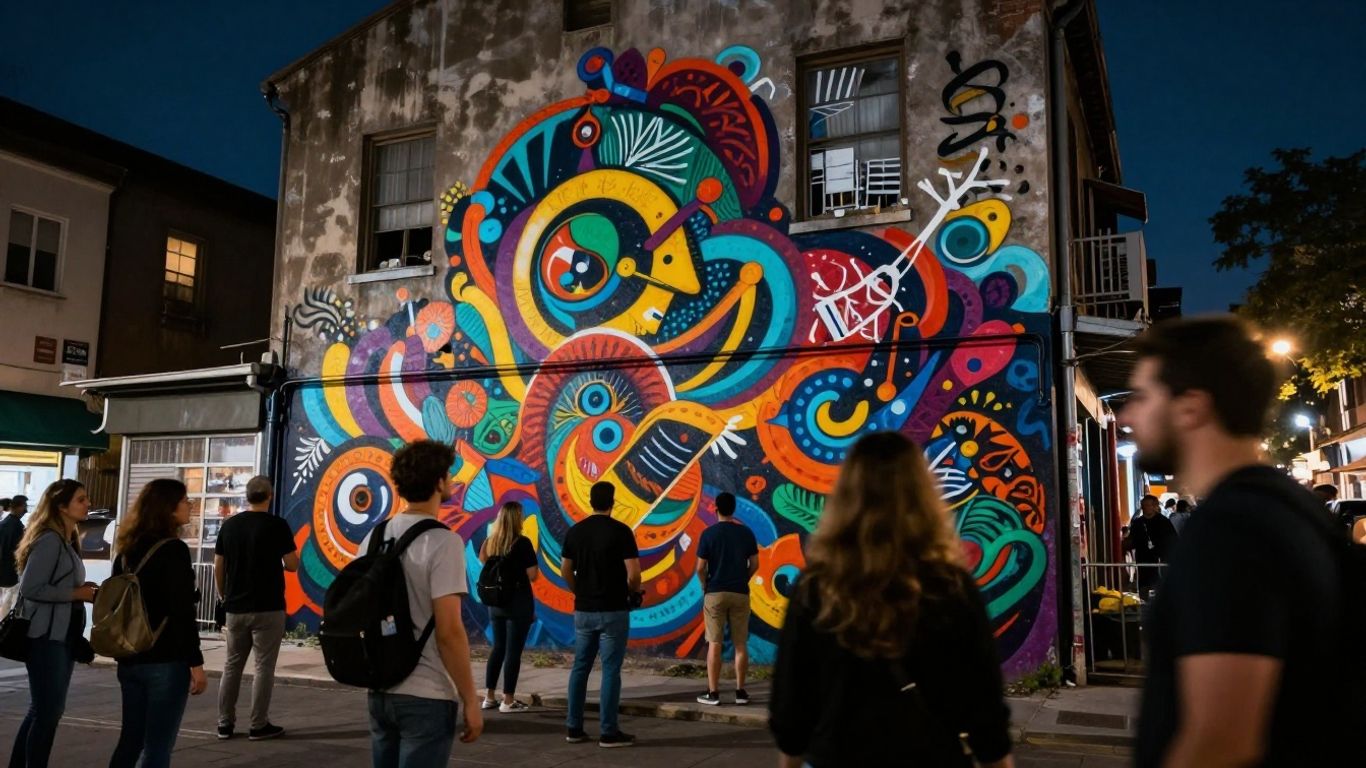 Artă stradală vibrantă pe o clădire urbană.