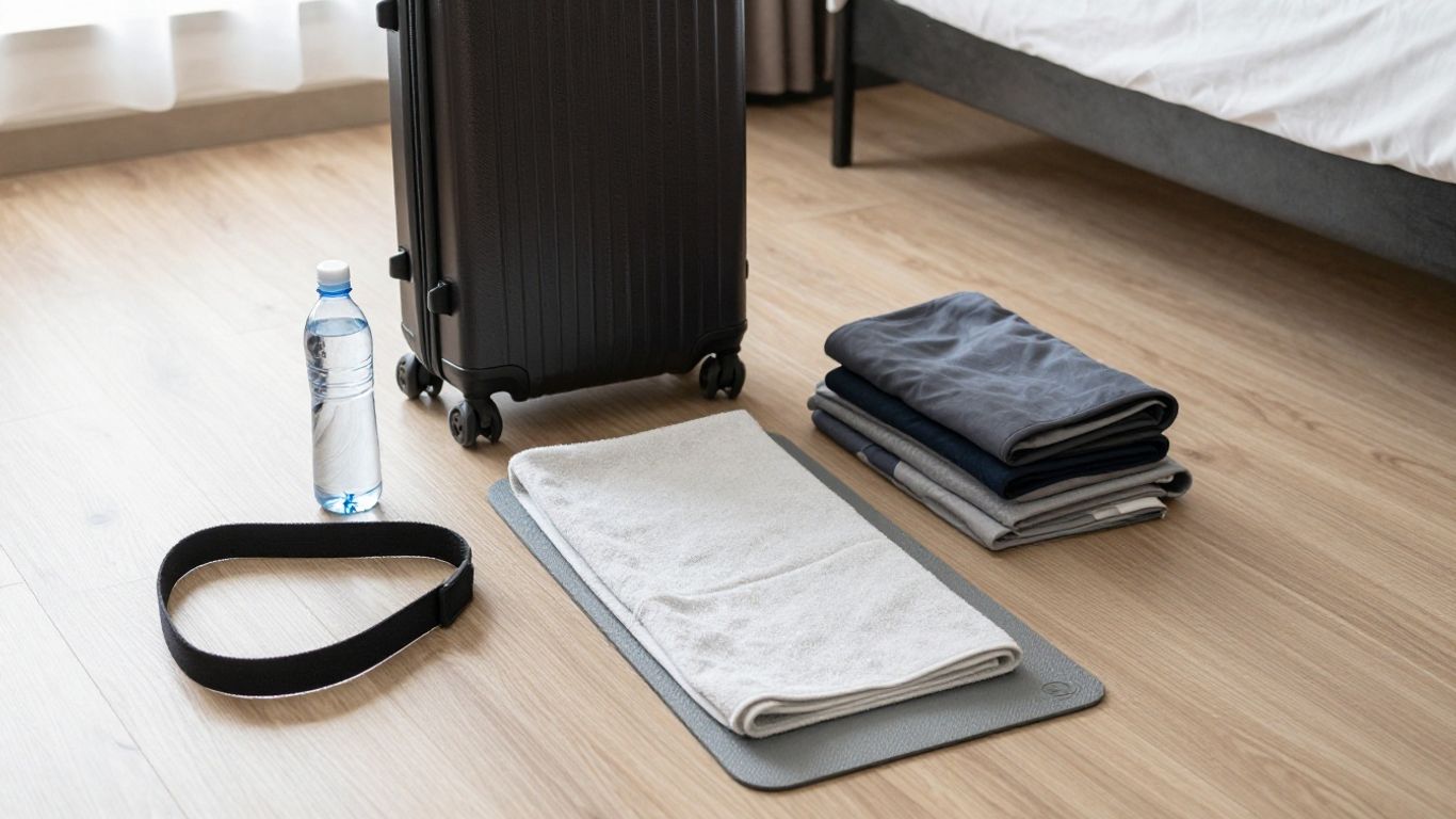 Foldable yoga mat packed beside travel accessories