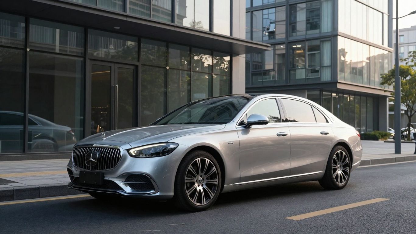 Silver luxury sedan parked beside modern glass architecture