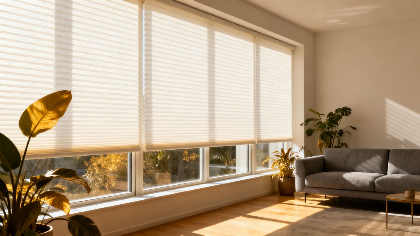 A cozy modern living room featuring insulating cellular shades on large windows