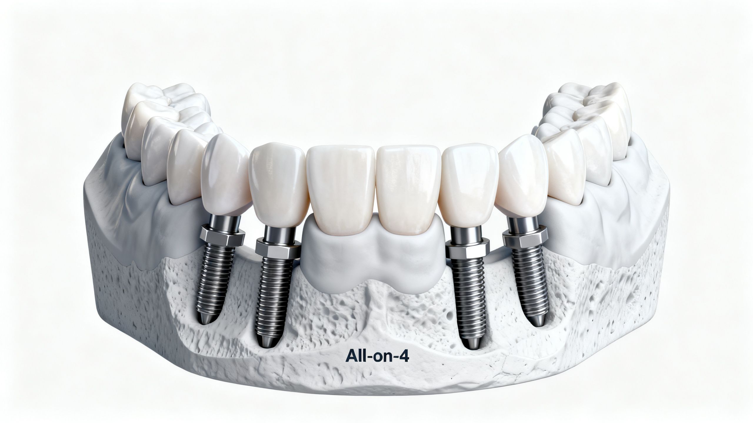 A dental model illustrating how four All-on-4 implants securely anchor a full arch of teeth to the jawbone.