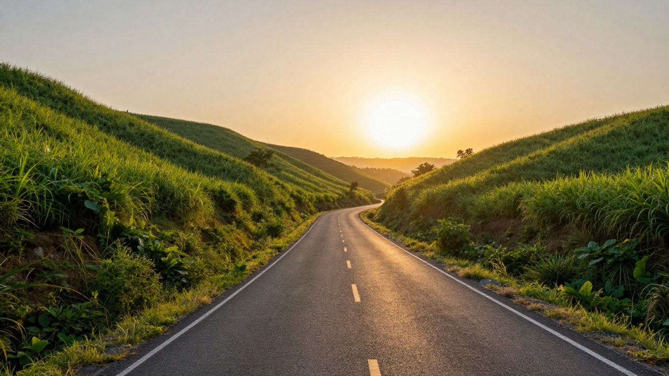 SEO success journey with a winding road to the horizon.