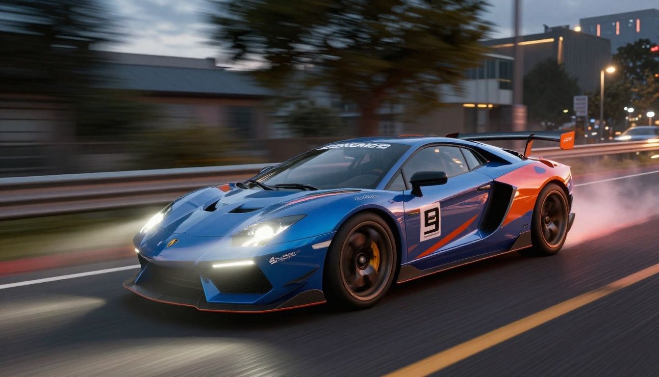 Carro esportivo de Asphalt 9: Legends acelerando em uma pista urbana iluminada, com efeitos de velocidade e cenário cinematográfico