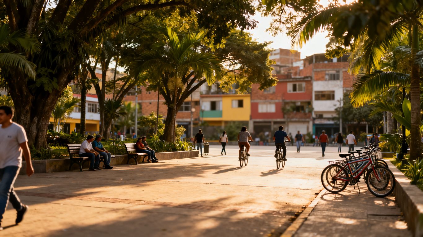Shaded Laureles plaza with benches and tropical trees