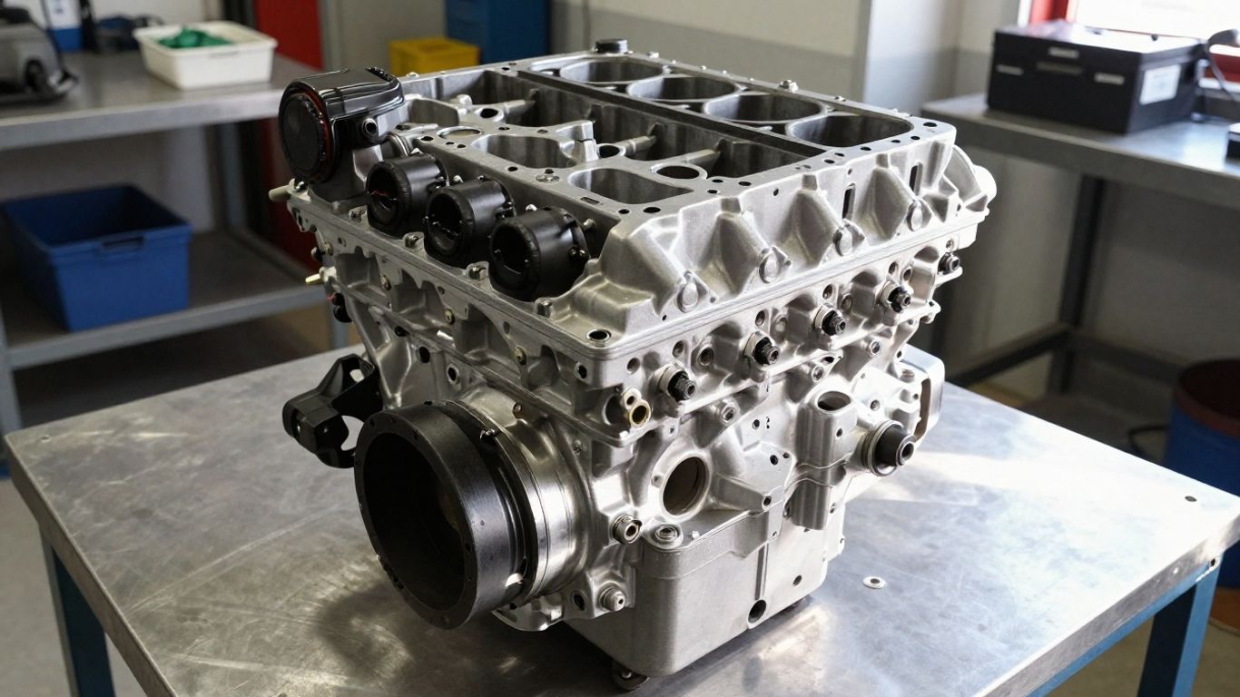 A clean polished engine in a garage