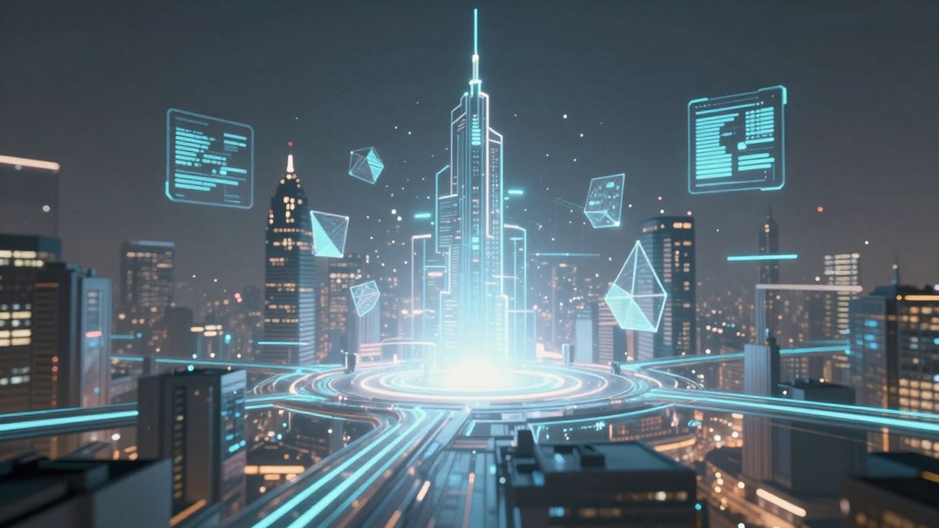 Futuristic cityscape with glowing digital pathways and abstract shapes.