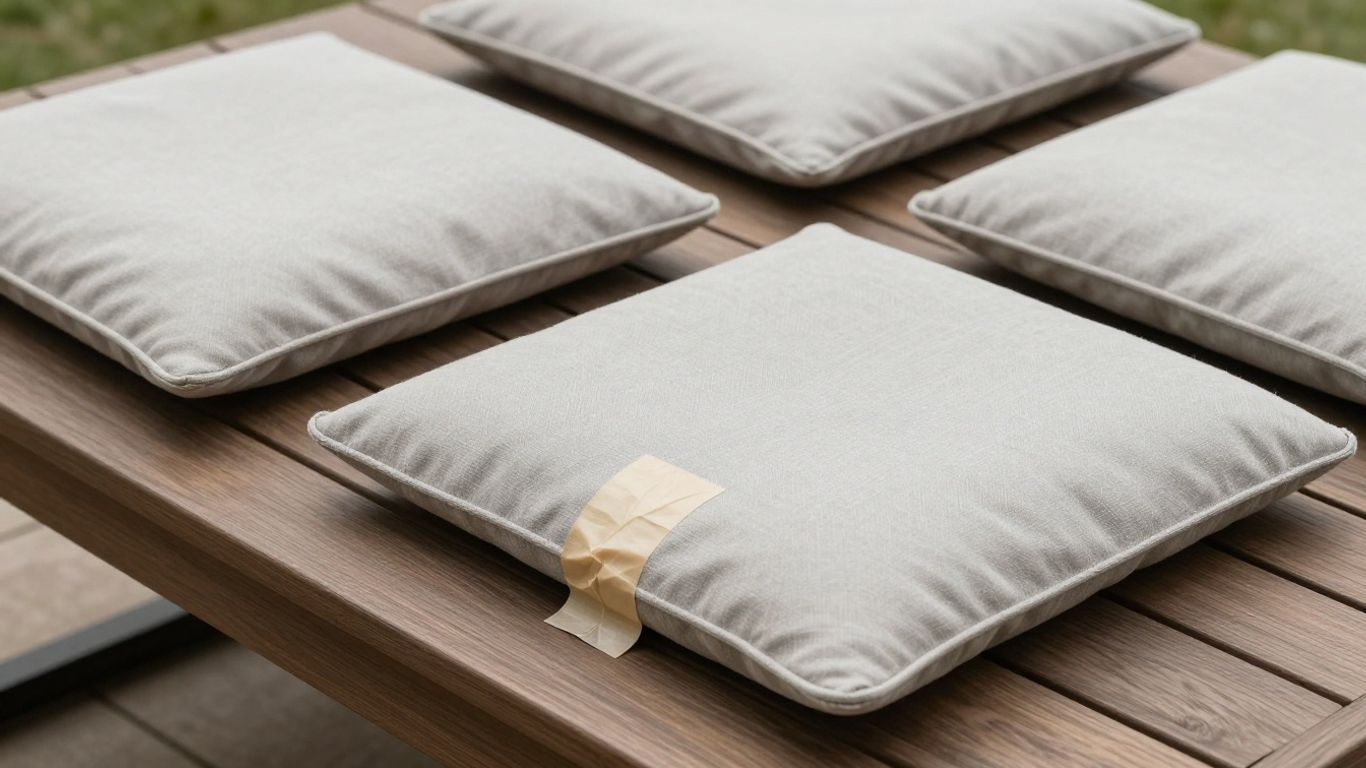 Patio cushions secured with adhesive strips on furniture.