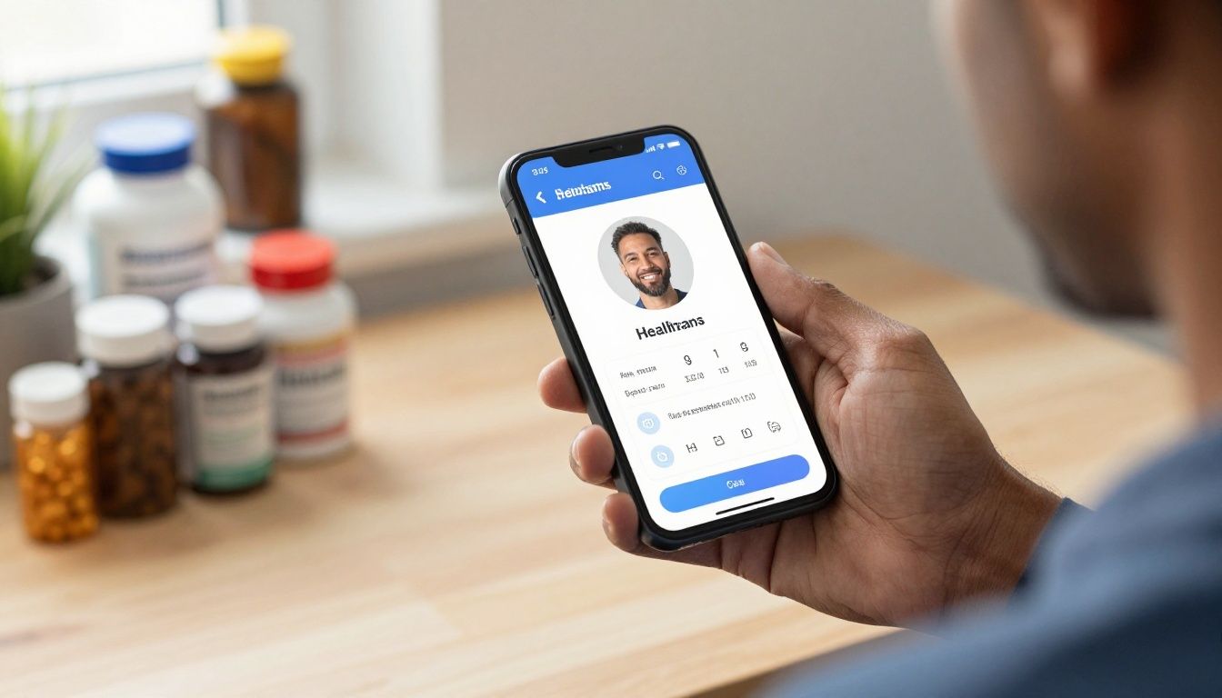 A diverse professional middle-aged man reviewing his health data on a sleek, modern smartphone interface in a sunlit home office with organized supplement and wellness equipment