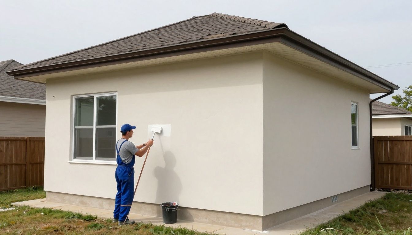 A professional crew applying a fresh stucco finish to an exterior residential home, maintaining a neat, clean, and high-quality appearance