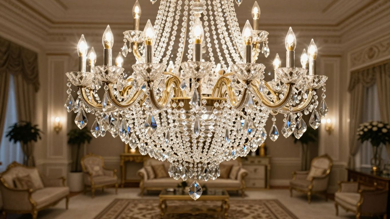 Elegant crystal chandelier hanging in a luxurious room.