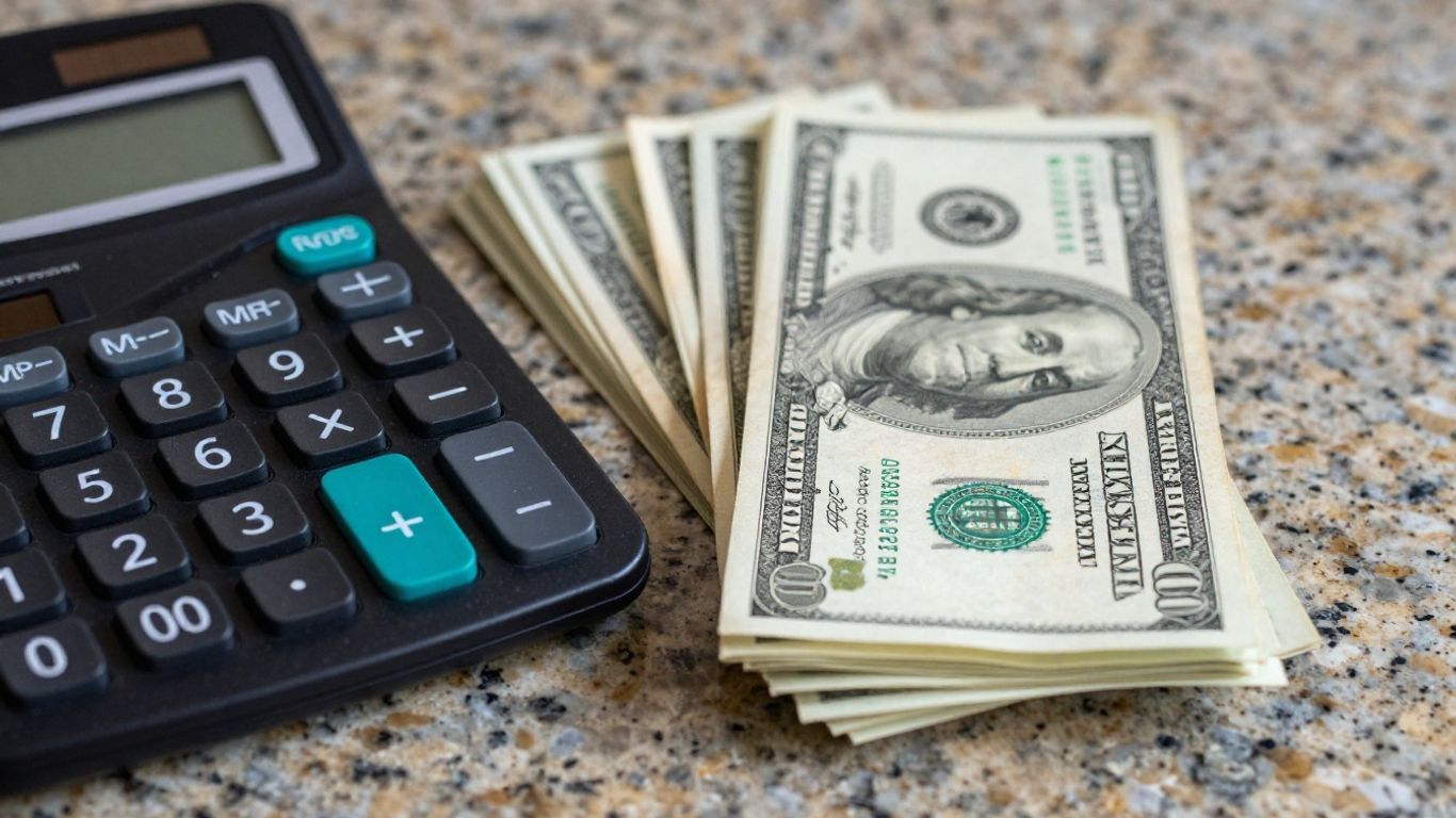 Granite countertop, calculator, and money for job value.
