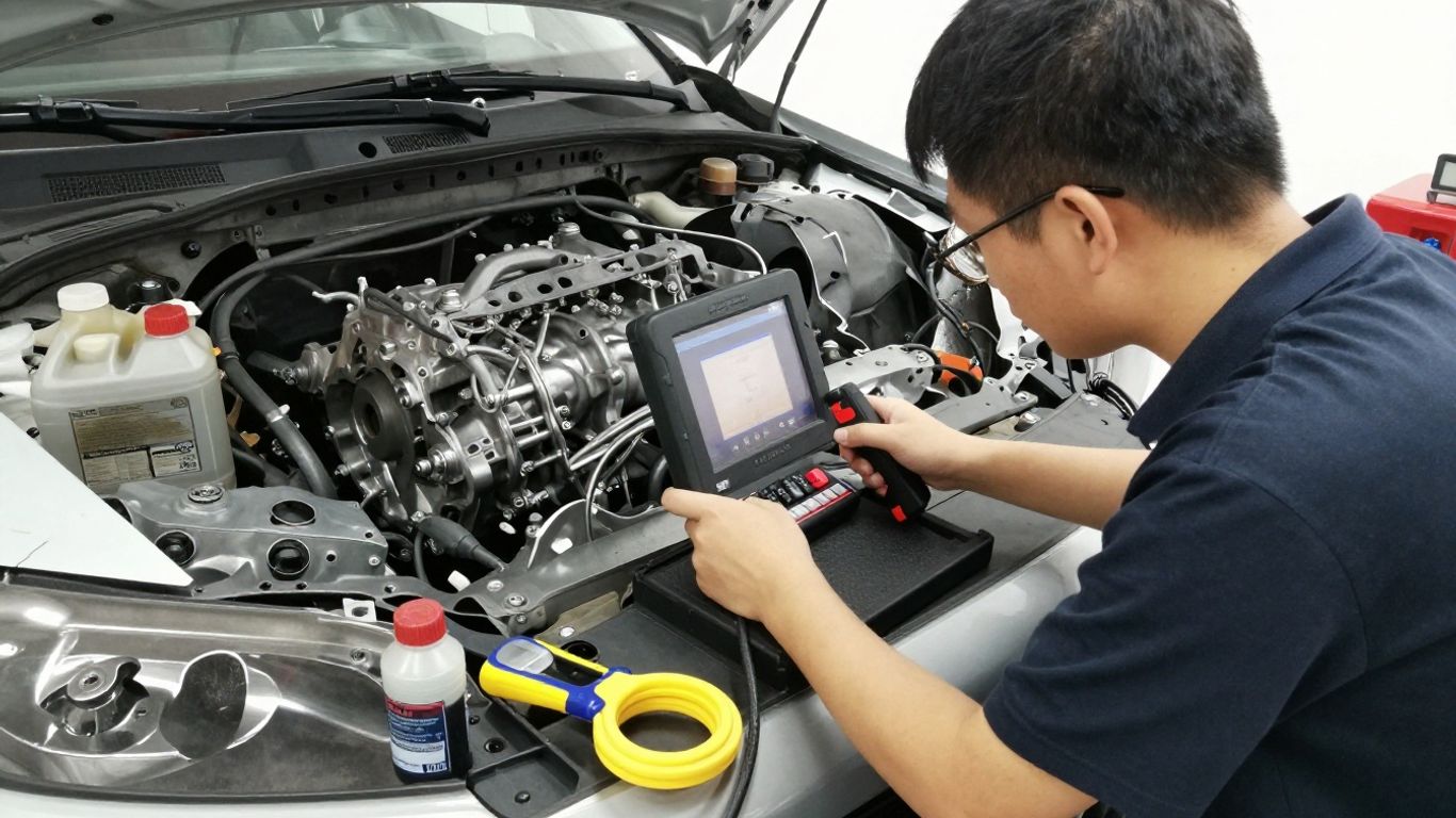 Technician testing an automotive transmission