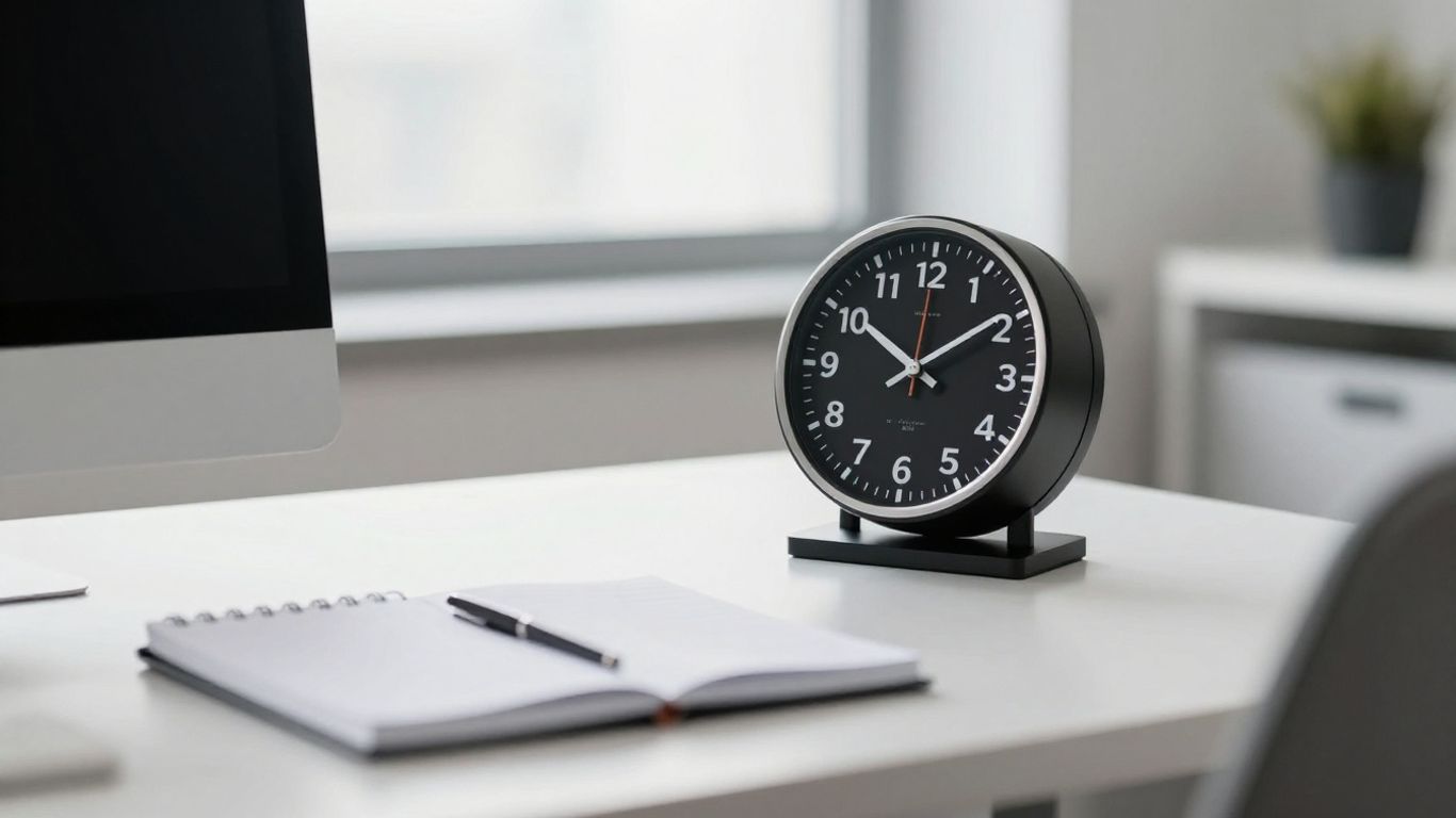 An organized workspace with a high-end digital clock