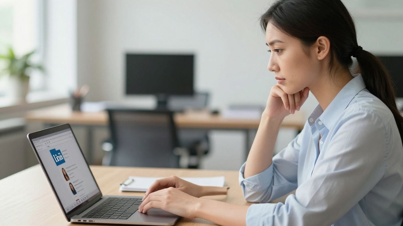 Woman looking at LinkedIn profile on laptop.