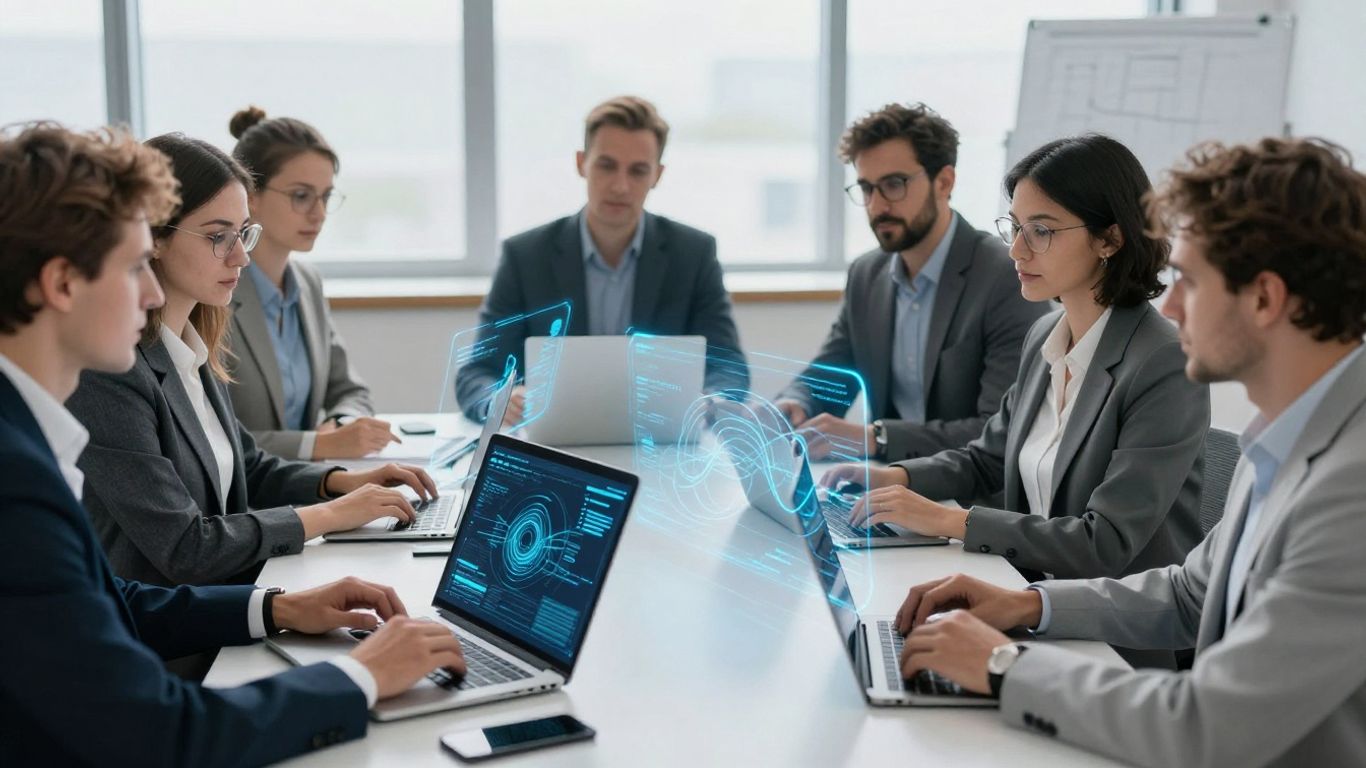 Menschen arbeiten mit digitalen Schnittstellen im Büro.