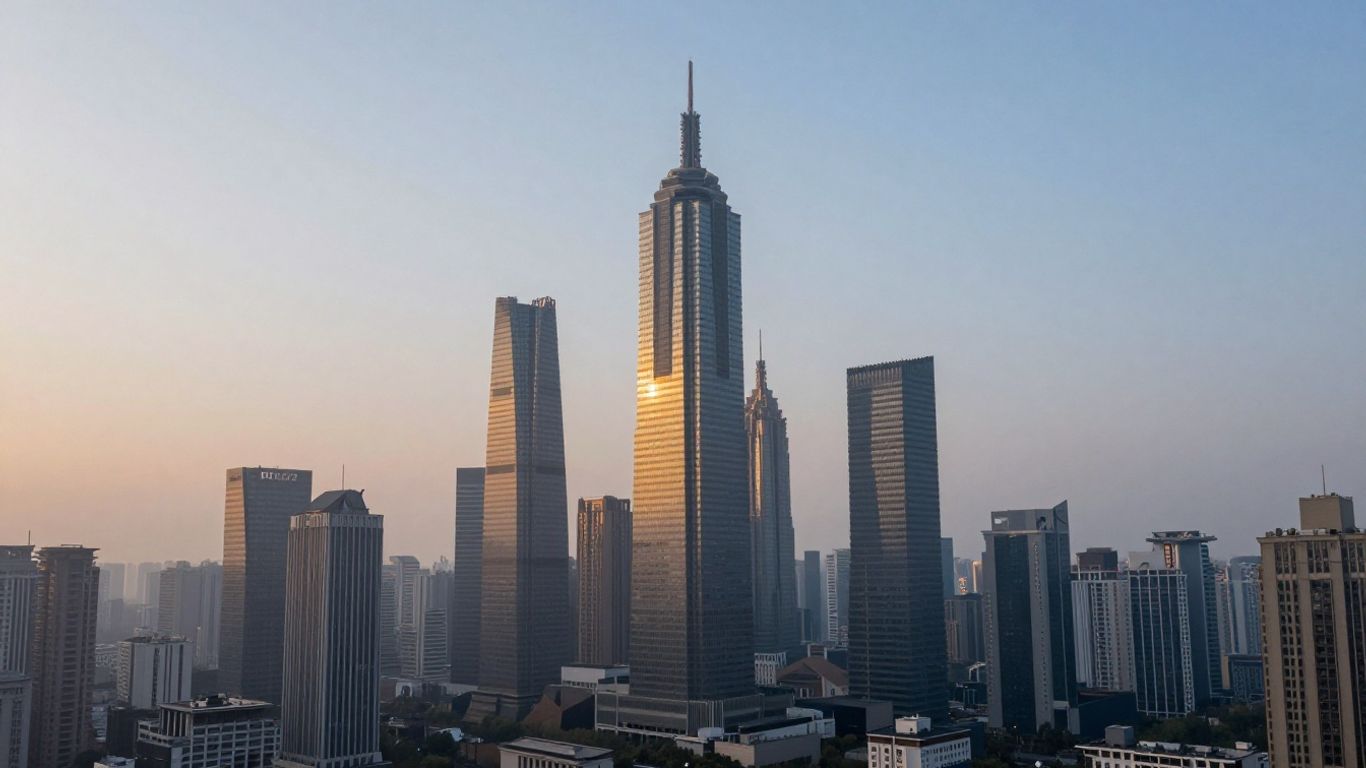 Cityscape with a prominent skyscraper leading the skyline.