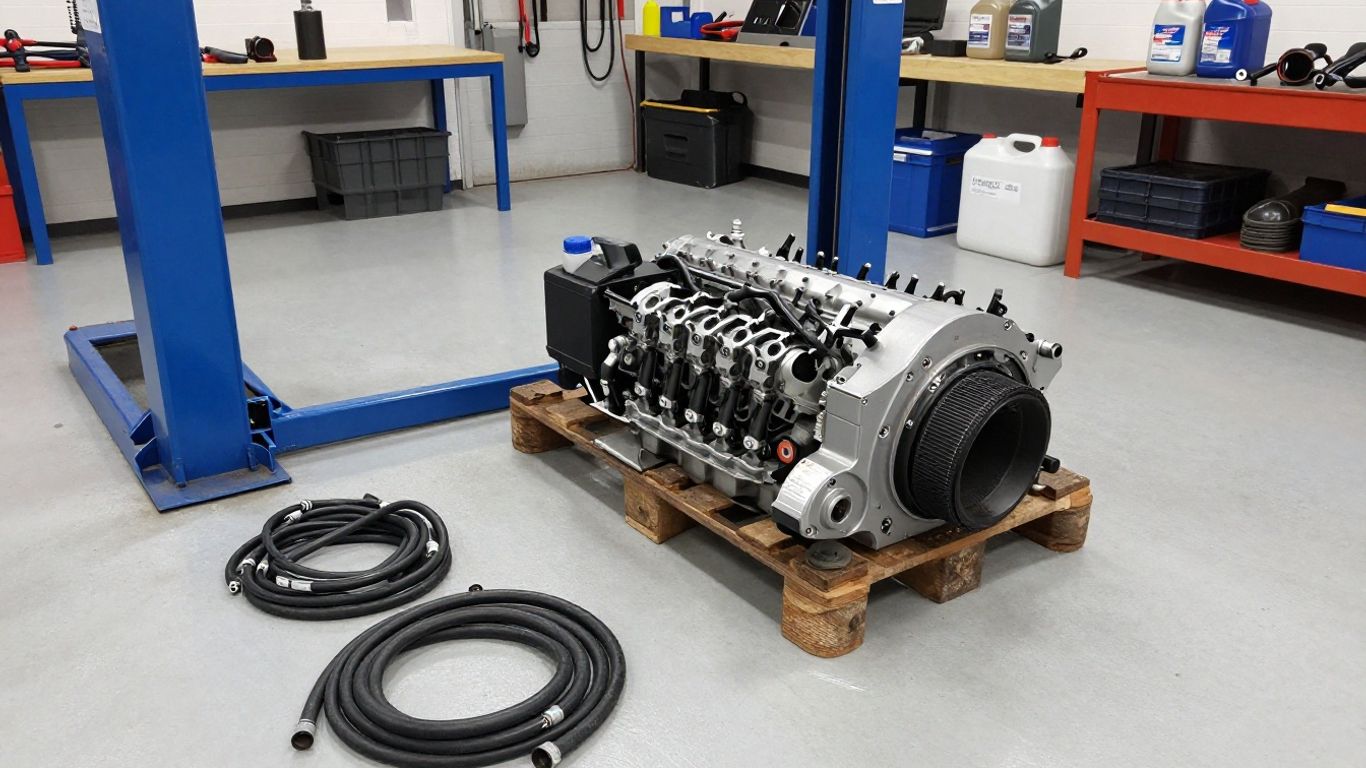 Replacement engine prepared for workshop installation
