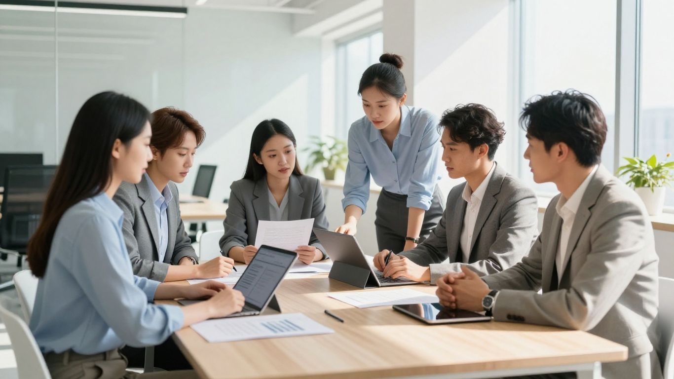 Diverse team collaborating in modern office space