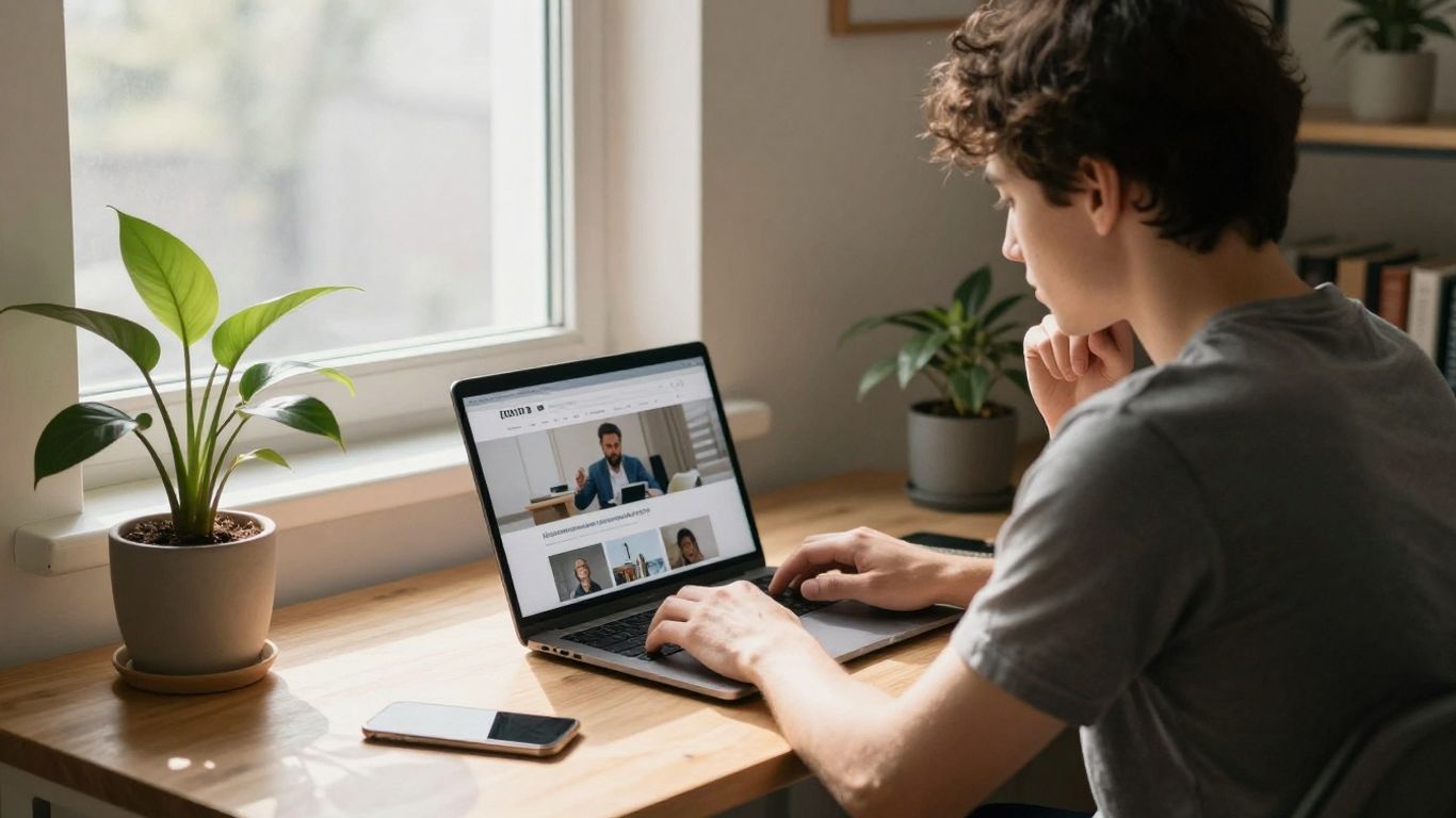 Person working on laptop at home office desk.
