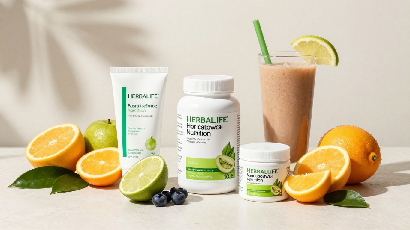 Herbalife products and skincare display with fruits and leaves.