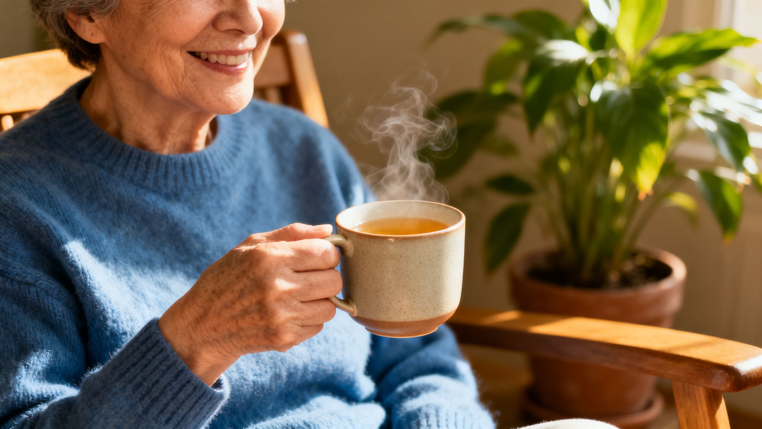 Un senior souriant et en bonne santé tenant une tasse de tisane, avec une lumière douce et naturelle.