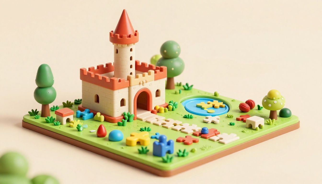 Cenario magico de um castelo real com peças coloridas de jogos de puzzle espalhadas em um tabuleiro brilhante