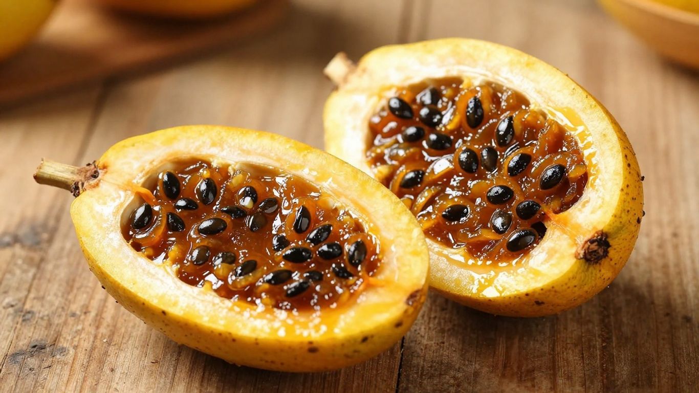 Ripe sapota fruit sliced open, showing its flesh and seeds.