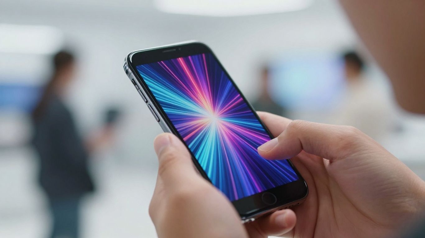 Person using a smartphone with abstract digital patterns on screen.