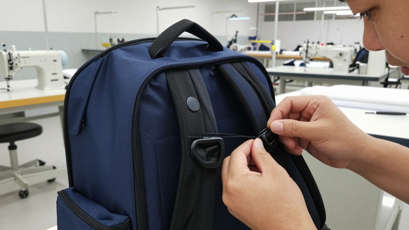 Custom backpack manufacturing with quality stitching and factory production.