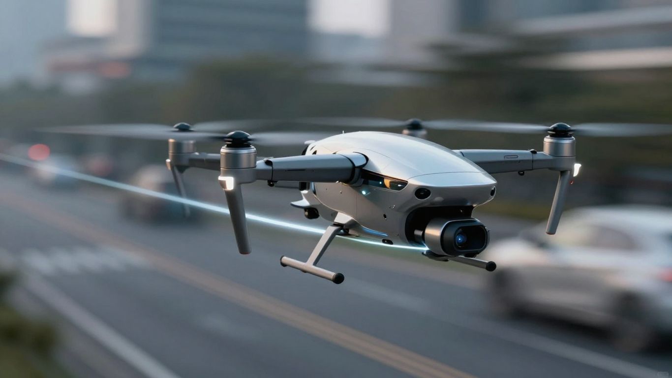 Drone with fiber optic cable in flight.