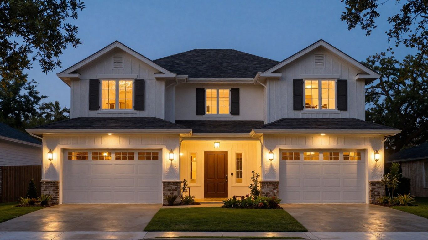Barton Creek home with permanent outdoor lighting at dusk.