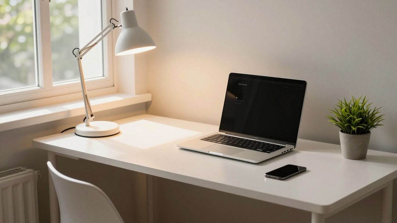 A bright home office desk with a modern lamp.