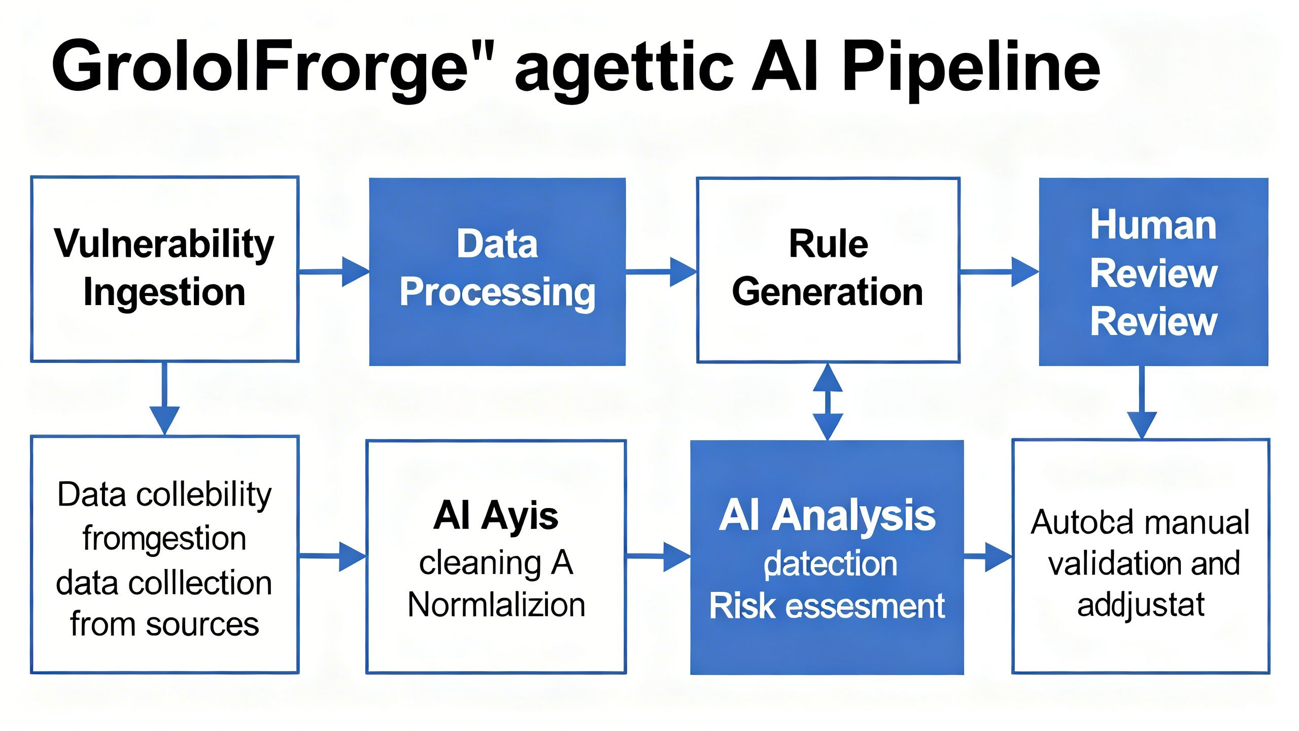 A diagram showing the 'RuleForge' agentic AI pipeline, from vulnerability ingestion to human review, with data flowing through different stages.