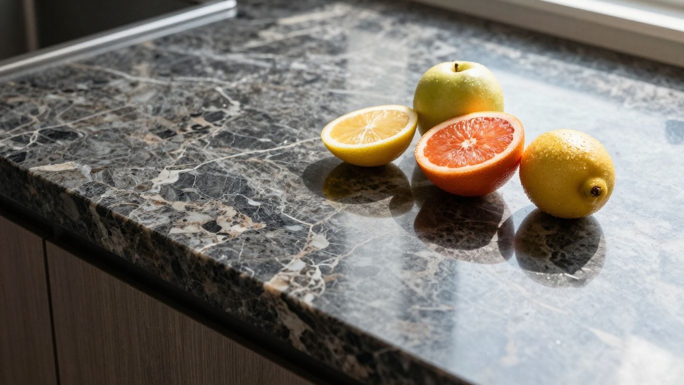 Dramatic quartz countertop with bold veining for summer entertaining.