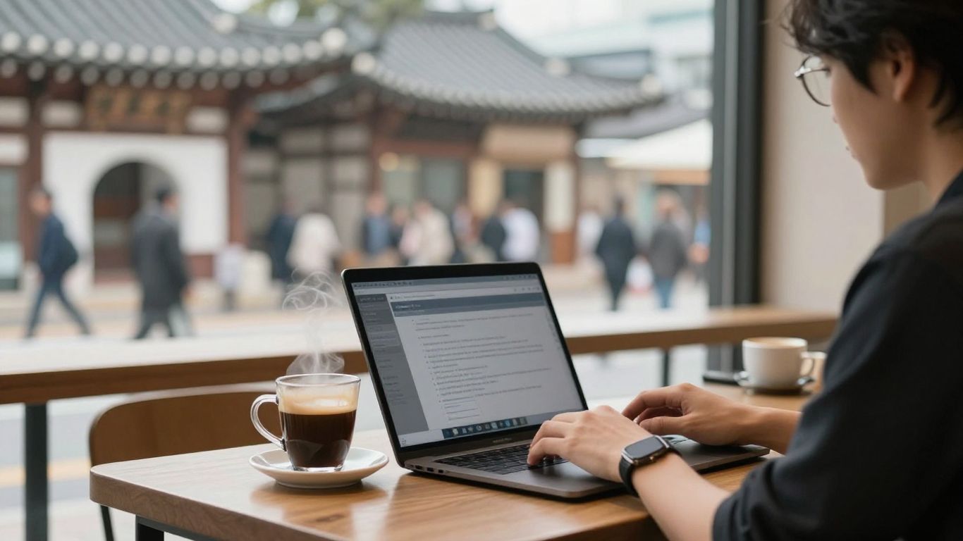 Digital nomad working in a Seoul cafe