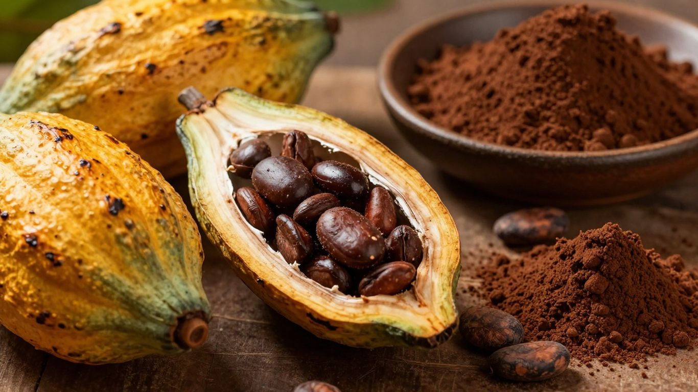 Cacao pods and cocoa powder with beans.