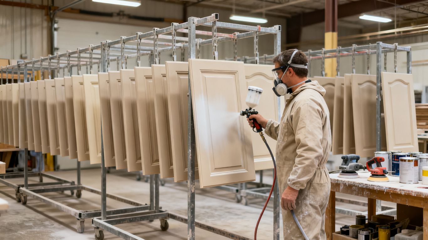 Painter preparing cabinet doors in a West Michigan workshop
