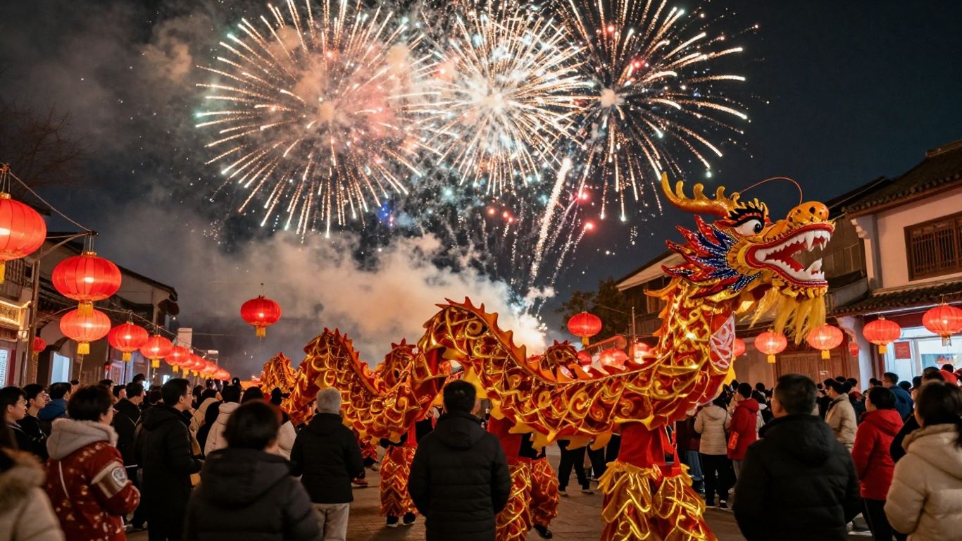 Chinese New Year celebrations with lanterns, dragons, and fireworks.