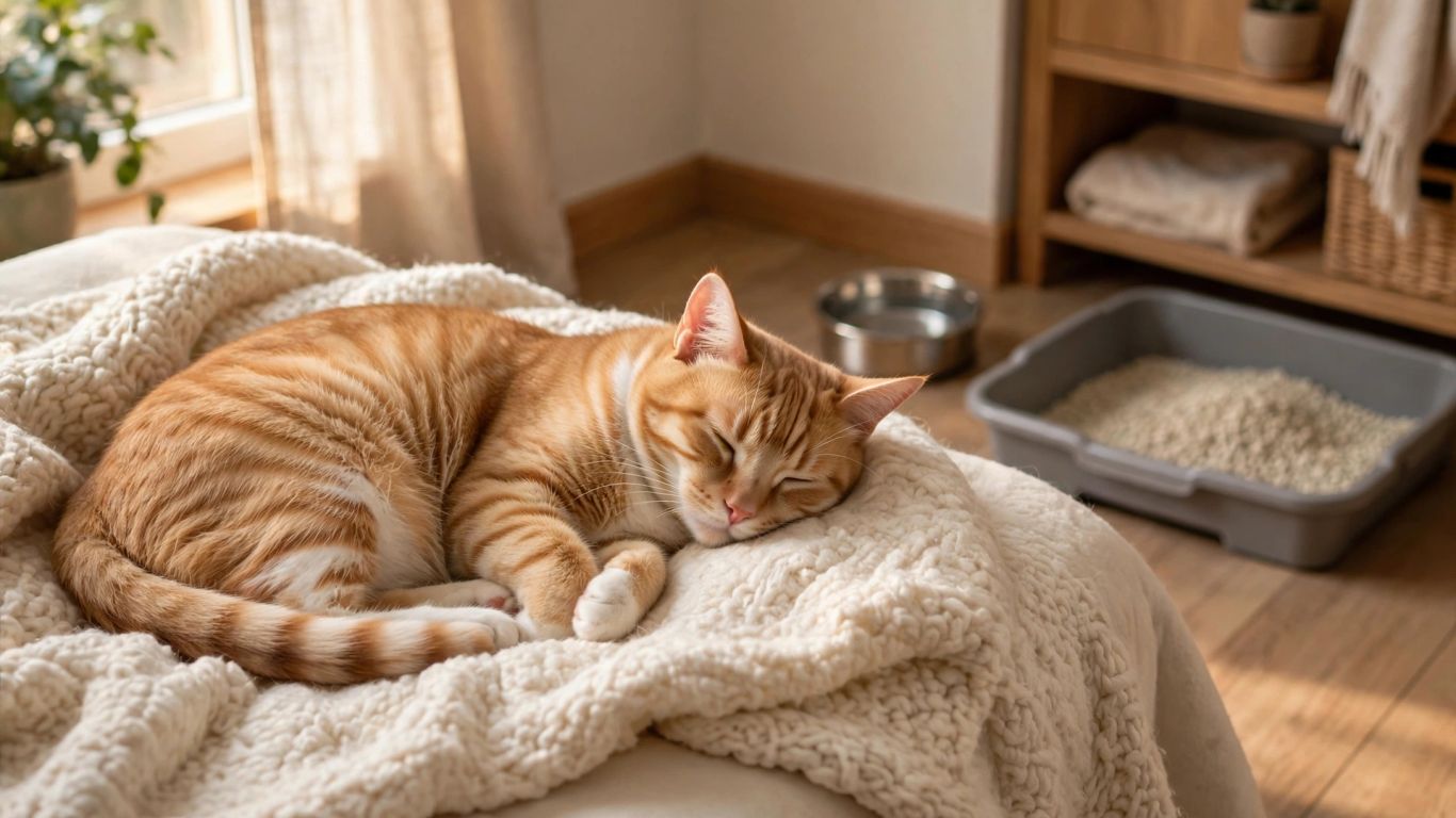 A calm cat resting in a quiet recovery room