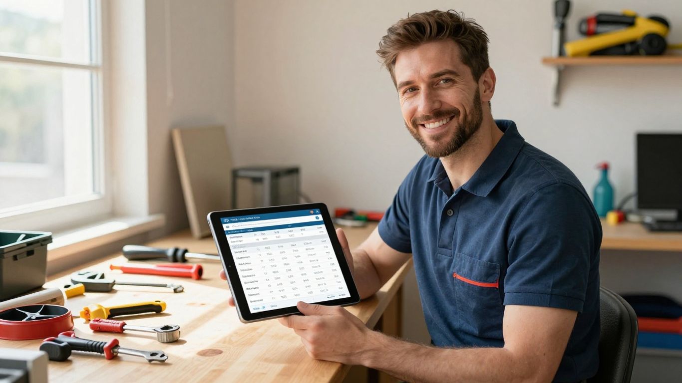 Tradie using tablet for AI quoting and invoicing.