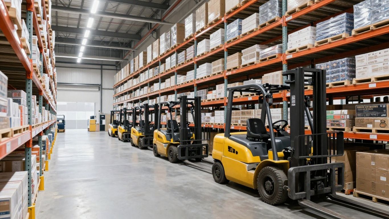 Warehouse interior with bright LED lighting and clear aisles.