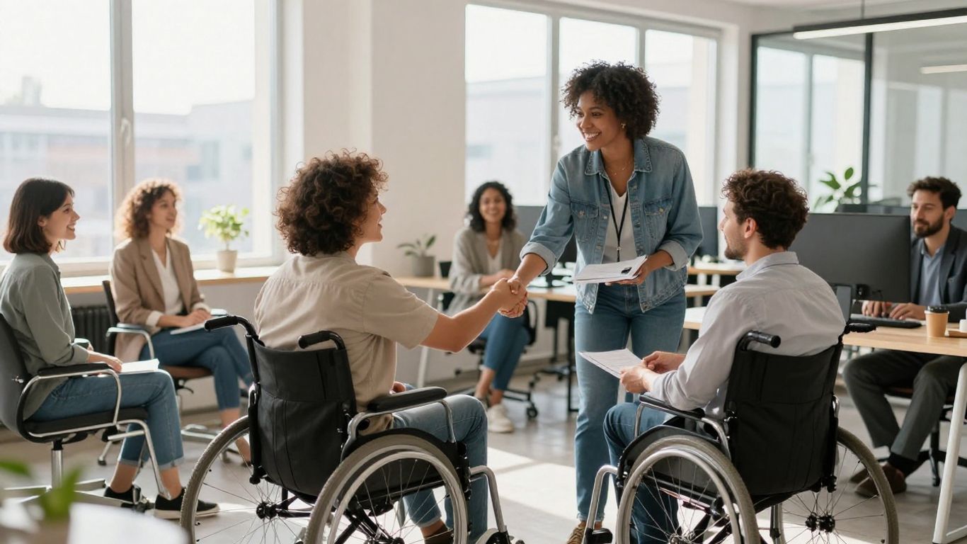 People with disabilities working in a modern office environment.