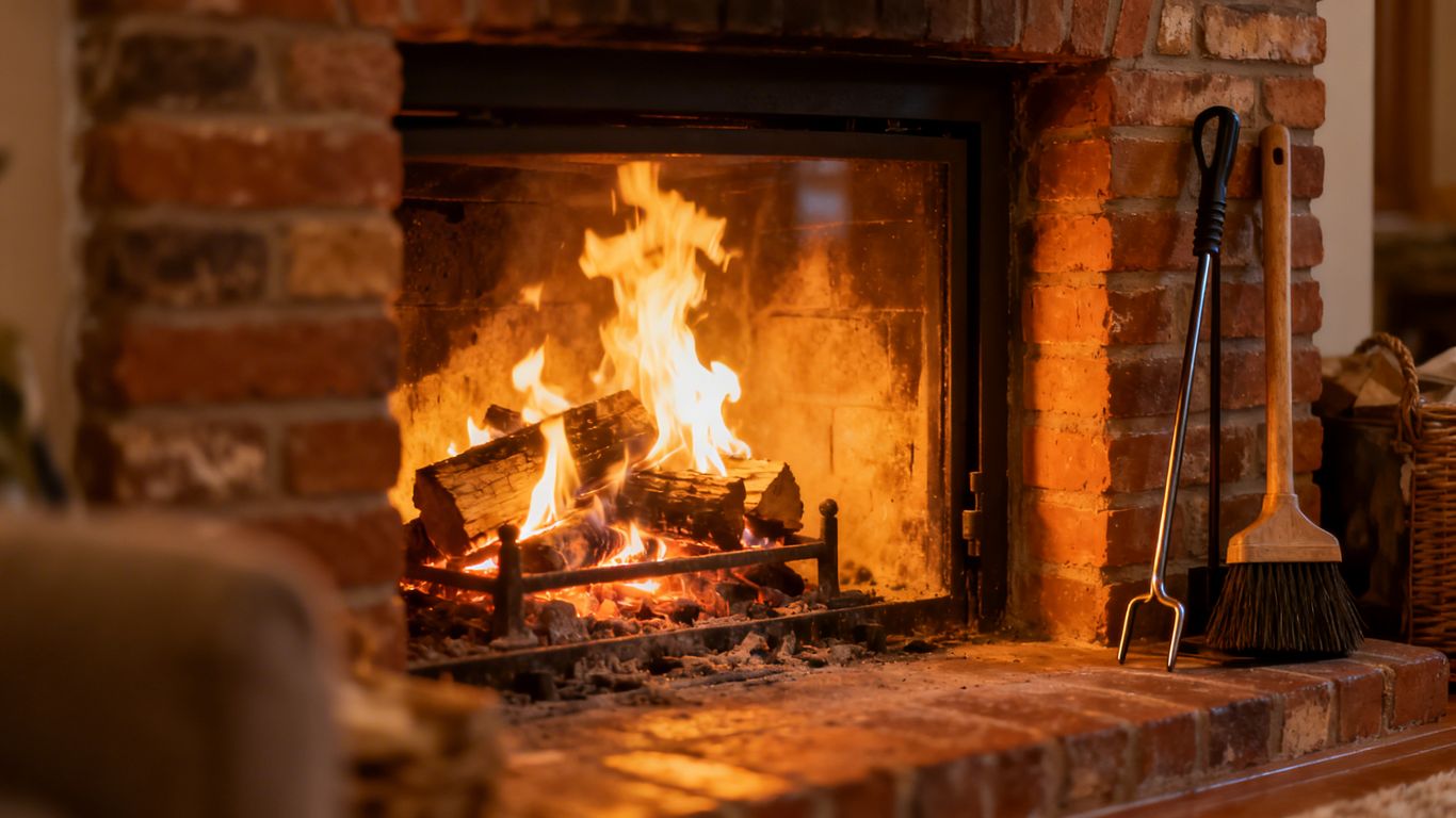 Clean fireplace with a warm, inviting glow inside.