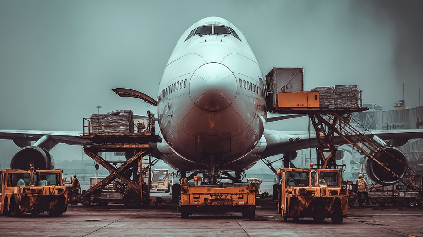 Cargo plane being loaded with cargo on the tarmac.