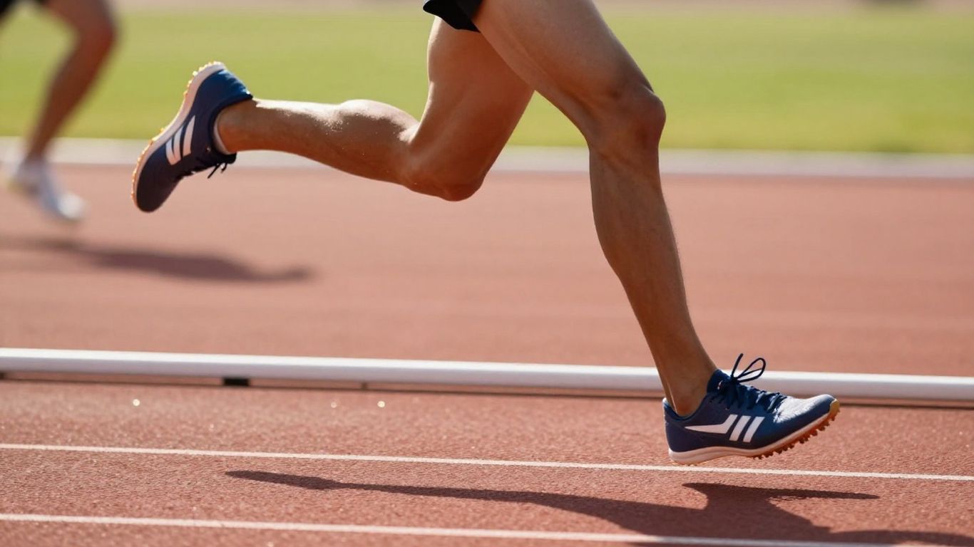 Runner's feet in motion on a track during a race.