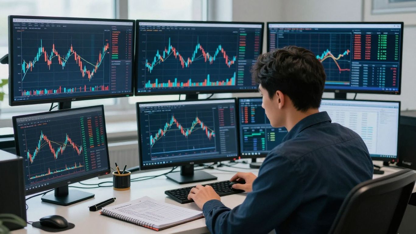Trader reviewing prop firm risk rules at a workstation