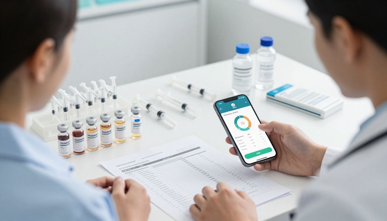 Bright modern health-tech scene showing a diverse adult reviewing a clearly labeled compounded injection vial, organized syringes, lab results, and a medication tracking app on a smartphone in a clean clinical workspace