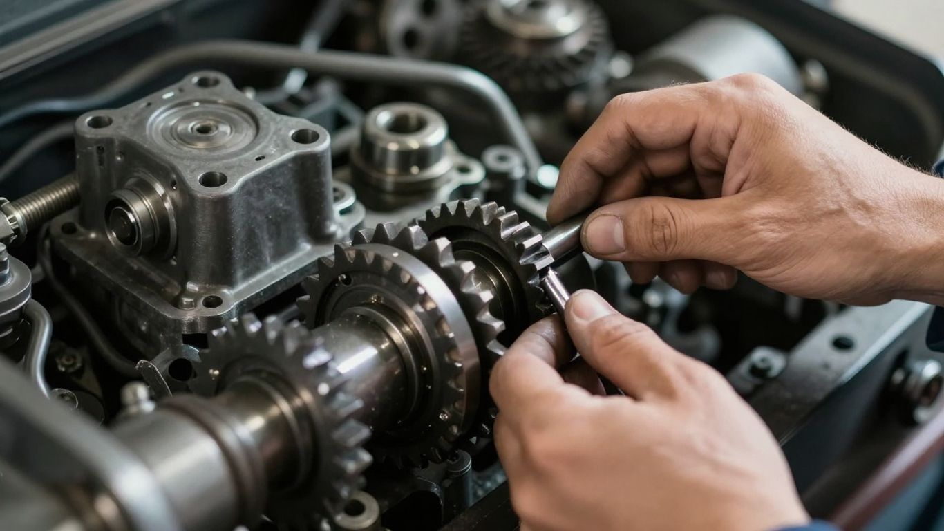 Mechanic working on truck transmission gears