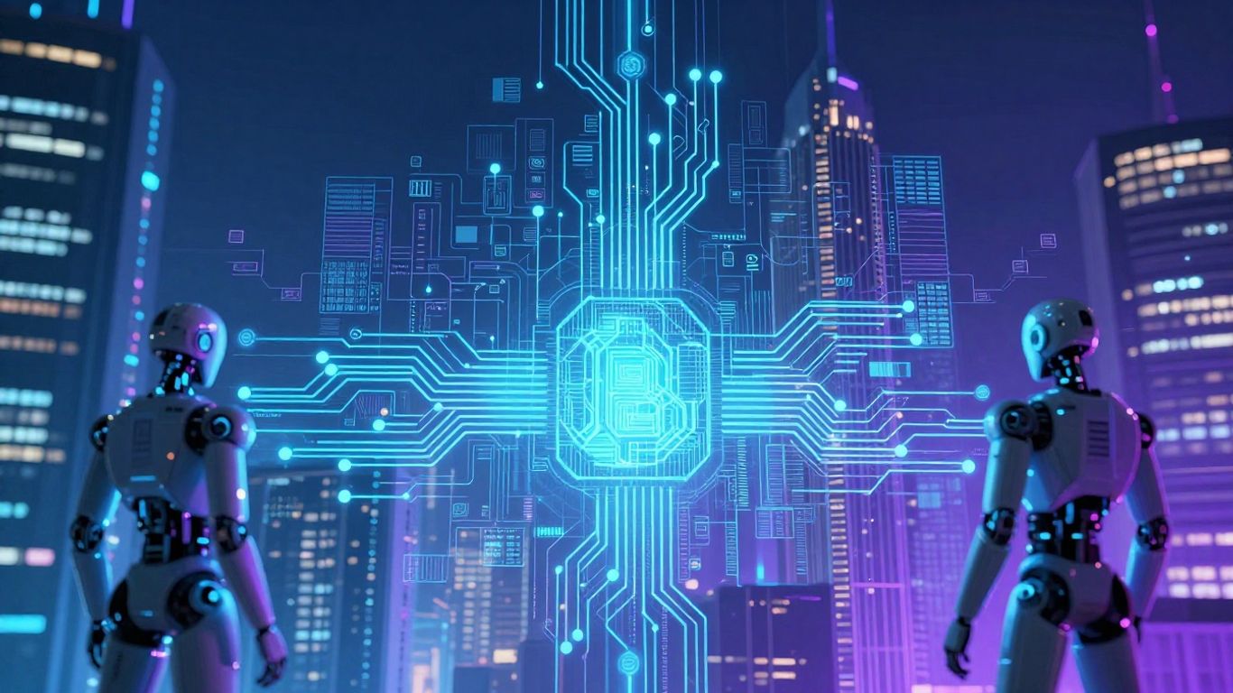 AI and blockchain merging in a futuristic digital landscape.